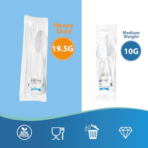 250 Sets 6.29inch Plastic Cutlery Packets, Heavy-Duty Weight White Disposable Plastic Cutlery Packs, Individually Wrapped (Fork Spoon Knife Napkin Salt Pepper 6 in 1)