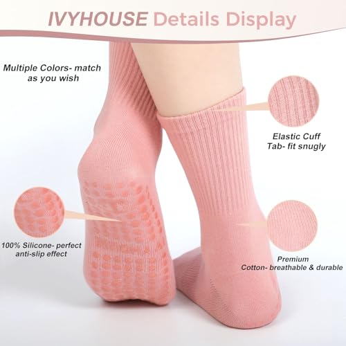 Ivyhouse Pilates Yoga Socks with Grips for Women - Crew Length Ballet Barre Socks - Sticky Workout Hospital Socks2