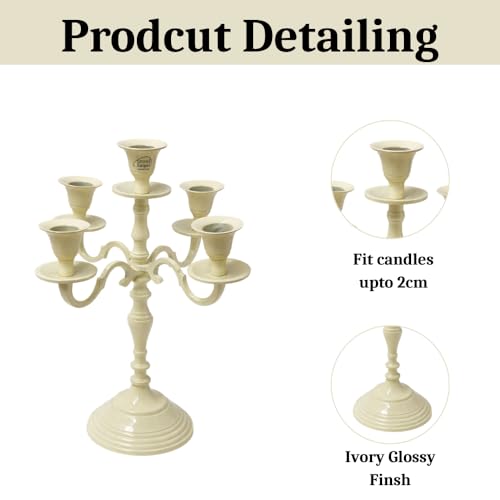 Image of 5 Arm Metal Candelabra Candle Stand | 12 Inch Tall Decorative Candlestick Holder for Dining Table, Living Room, Wedding & Home Decor (Ivory)