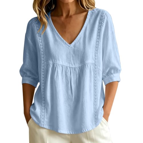 Women Cotton Linen 3/4 Sleeve Blouses Lace Trim Loose Casual Tops