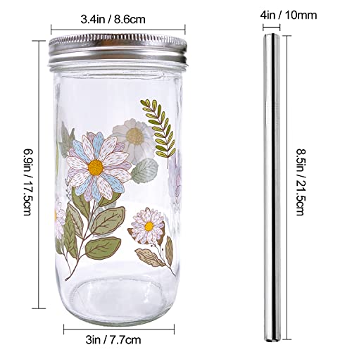 Sanfulin 2 Pack 24 Oz Floral Reusable Wide Mouth Mason Jar Cups With 2 Lids And Silver Straws For Smoothie, Bubble Tea, Iced Coffee & Juice Drinking Glasses Bottle, Blue Flowers & Daisies #TOP3