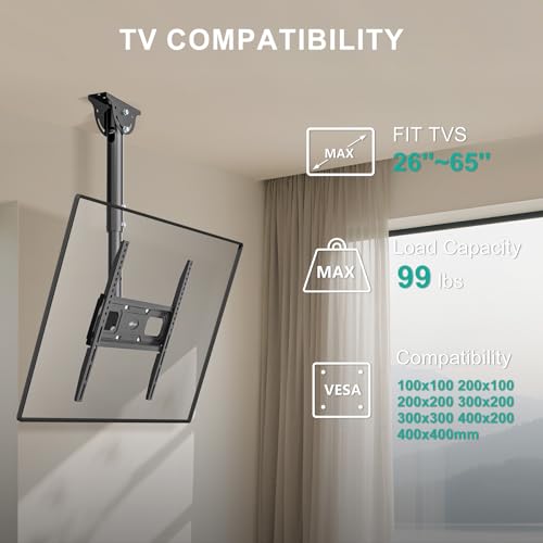 Image of WALI Ceiling TV Mount for 26-65 inch, Full Motion Ceiling TV Bracket Fits Most LED, LCD, OLED 4K Flat Screen TVs, up to 99lbs, Mounting Holes 400x400mm (CM2665-P), Black