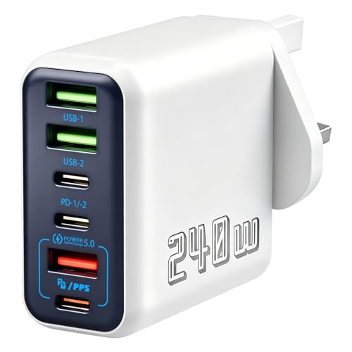 Image of 240W USB C Charging Station, 6-Port Multi USB Charger Plug with 3 USB and 3 PD Ports, Fast Charging for iPhone, MacBook, Samsung, Tablets and USB-C Devices– Super Fast USB C Multi Charger Plug UK