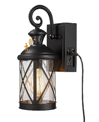 Darkaway Motion Sensor Outdoor Wall Light, Dusk to Dawn Outdoor Porch Light with GFCI Outlet Waterproof Exterior Wall Sconce with Seeded Glass Black Wall Mount Lighting Fixture for House Patio Garage