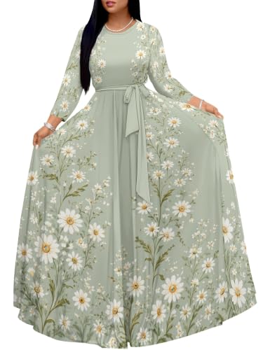 Image of Women Plus Size Long Sleeve V Neck Maxi Dress with Belt | Soft fabric relaxed fit three quarter sleeve v neck with pockets for party and daily wear