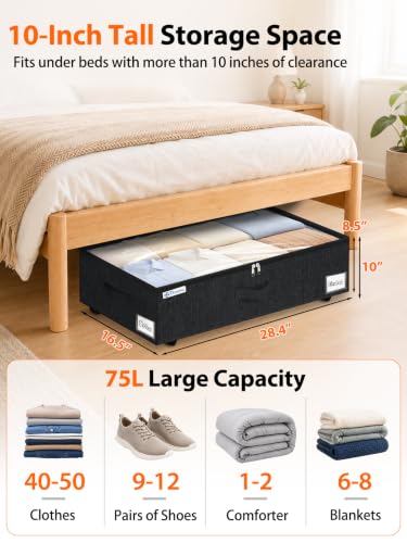 Image of punemi 10 inch Tall 75L Under Bed Storage Bins with Wheels, Rolling Storage Bin | Clear Lids,360 Wheels,for Clothes, Shoes, Blankets & Bedding, Closet, Shelf & Dorm Organization,2-Pack, Black