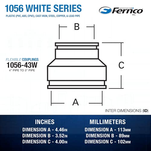Fernco 1056-43W Reducing 4 X 3 Inch Flexible Pipe Coupling Plumbing Plastic Pvc Abs, Cast Iron, Lead In White #TOP4