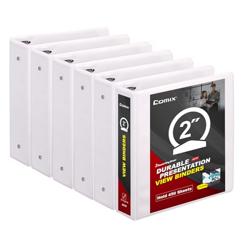 Comix Sturdy 3 Ring Binder 2 inch with Clear View Cover 2 Round Ring View Binder PVC-Free 2.4mm-Thick 450 Sheets Capacity of US Letter Size Paper Office School Supplies Pack of 6 (White)