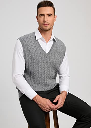 Kallspin Men's Cable Knit Wool Blended Sweater Vest V Neck Relaxed Fit Sleeveless Pullovers Light Grey X-Large #TOP4