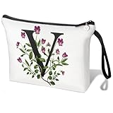 フラワーイニシャルレターバッグ レディース レターメイクバッグ イニシャルコスメティックバッグ A-Z パーソナライズメイクアップバッグ 旅行メイクアップバッグ、イニシャル化粧品バッグギフト, ホワイト V, T アルファベット