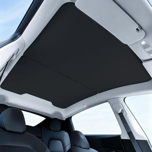 Sag-Free Sunroof Shade for Tesla Model Y Juniper 2025-2026 6-Layer Blackout Heat Insulation Foldable Roof Sunshade with 16 Clips (Black)