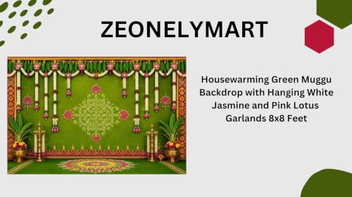 Image of Bride Backdrop Decoration | Housewarming Green Muggu Backdrop with Hanging White Jasmine and Pink Lotus Garlands 8x8 Feet | Lakshmi Backdrop Cloth for Decoration Pooja