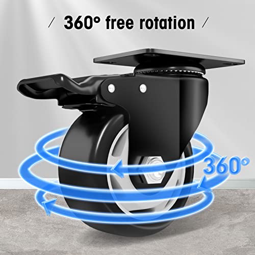 Image of 3 inch Caster Wheels Set of 4, Heavy Duty Casters with Brake, No Noise Locking Casters with Polyurethane (PU) Wheels, Swivel Plate Castors Pack of 4
