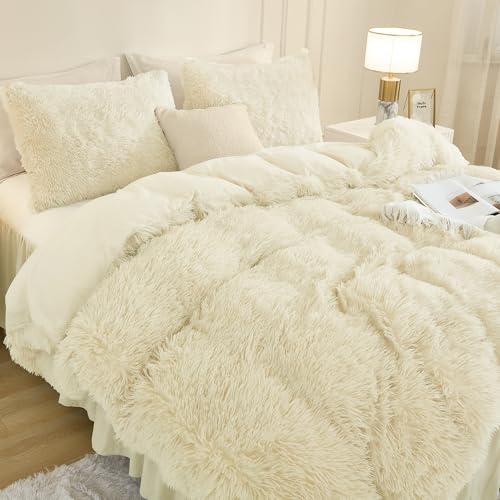 Andency Faux Fur Beige Comforter Set King Size, 3 Pieces Fluffy Fuzzy Plush Bedding Comforter Set (1 Shaggy Velvet Comforter & 2 Pillowcases), Soft Puffy Comfy Down Alternative Comforter Bedding Set