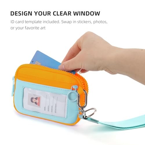 Image of The Iris Wallet Zipper Mini Coin Purse Keychain ID Holder Wallet | Zip Card Case with ID Window Purses for Women Mini Portable Keychain Wallet, Blue and Yellow with Lanyard