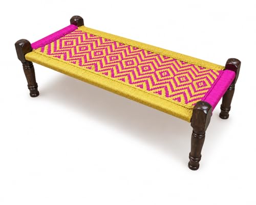 Image of Handwoven Wooden Bench | Traditional Rope Charpai Stool | Solid Wood Frame Seating for Living Room, Balcony & Outdoor | Durable & Stylish Design (Yellow & Pink Finish)