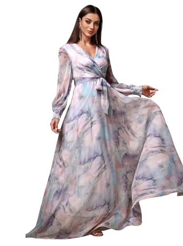 Image of LITZO Dress for Women || Women's Printed Wrap Maxi Gown || V‑Neck Long Sleeve Belted Flowy Dress for Parties, Weddings & Evening Events || Lightweight Sheer Layer Western Outfit (T-L-14-16)