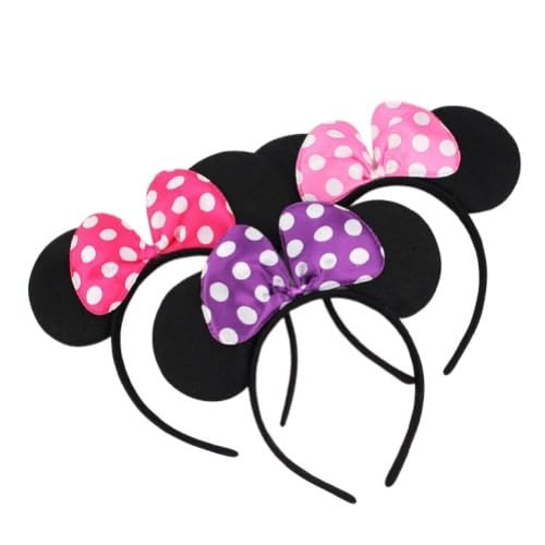 FAVELA Kids Cartoon Minnie Mouse Glitter Ear Bows Headbands for Baby Girls | Cotton Hairband for Kids and Girls Theme Birthday Party Accessory Hairband, Costume Parties (Pack of 3, Multicolor)