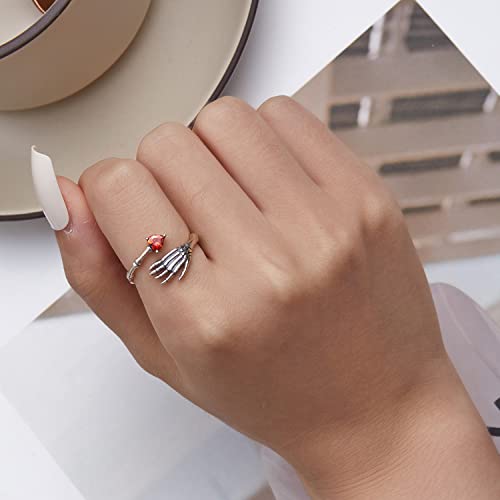 Shysnow Skull Ring for Women Men 925 Sterling Silver Skeleton Hand Open Adjustable Vintage Gothic Wrap Band Hug Ring with Red Cubic Zirconia Heart Halloween Jewelry for Girls Boys - Image 3