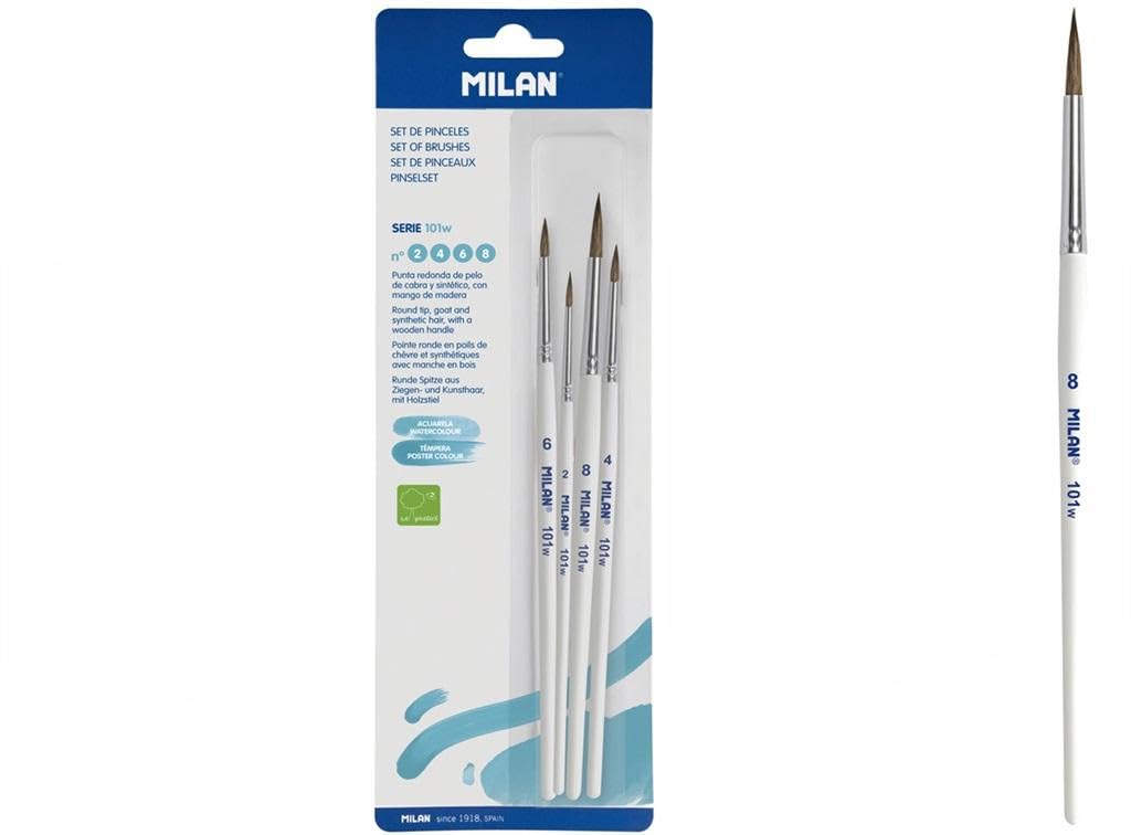 MILAN Blister BWM10468 BWM10468 101W Round Brush with Cones and Synthetic Bristles with White Handle, Series No. 2, 4, 6 and 8