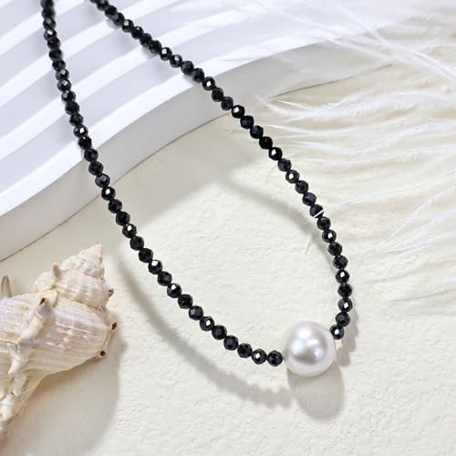 Dainty Single Pearl Pendant Necklaces for Women Trendy,Womens Black Stone Beaded Choker Necklace,Delicate Round Freshwater Pearl Necklace Jewelry Gift for Women4
