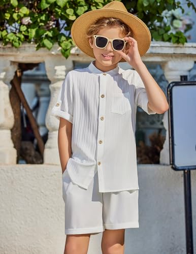 Image of Arshiner Boy's 2 Piece Beach Outfit Short Sleeve Textured Button Down Shirt and Short Sets Summer Vacation Wear 4-12 Years
