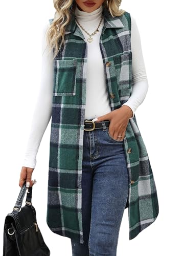 ZILIN Long Flannel Plaid Vest for Women Button Down Sleeveless Shacket Shirt Jacket with Pockets