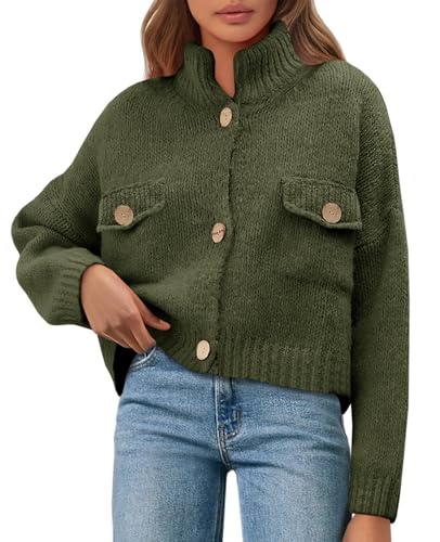 Image of Saodimallsu Womens Cropped Cardigan Sweaters Button Up Chunky Knit Long Sleeve Collared Open Front Loose Jackets