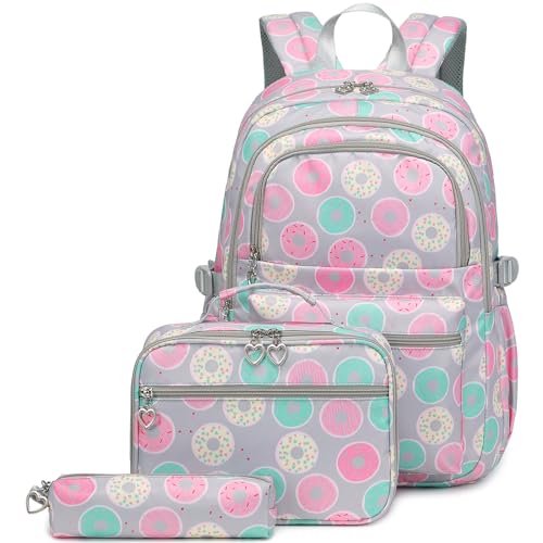 Sugaroom Mochila para meninas, mochila com lancheira, mochila escolar, primária, para meninas adolescentes, Rosquinha cinza, Large, Mochila donut