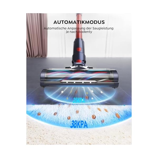 BuTure Akku Staubsauger 450W 38KPa mit Automodus,Wandmontierte Ladestation,Touchscreen,Bis zu 55 Min. Laufzeit,Leise Staubsauger Kabellos mit Anti-Tangle-Bürstenrolle für Hartböden Teppich Tierhaare – Bild 3