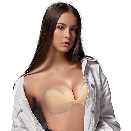 Image of Nimiah Adhesive Bras Strapless Sticky Bra - Invisible Push up Silicone Breast Cups for Women Reusable Seamless Stick on Bra for Backless Dress Tops Fits B Cup Size Creme