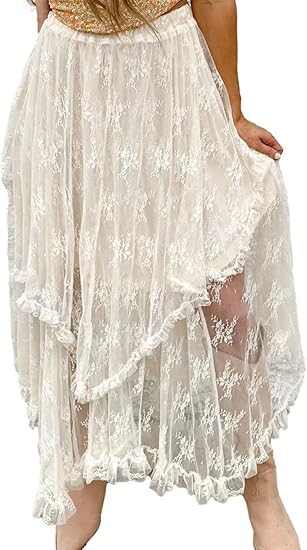 Floral Lace Cascading Tiered High Waist Maxi Skirt Asymmetrical Summer Sheer Maxi Skirts for Women
