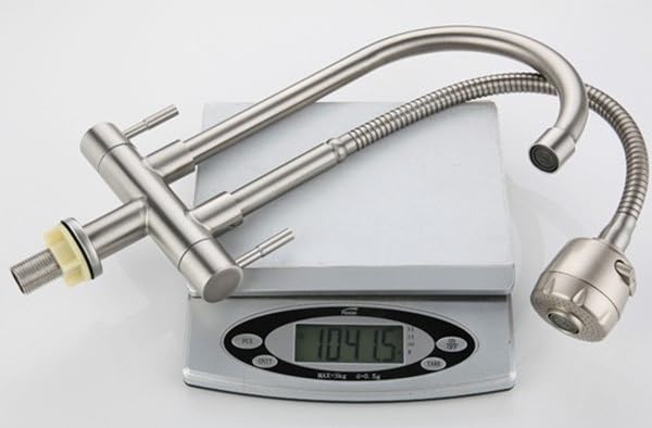 Grifo Cocina Cocina De Acero Inoxidable Doble Tubo Doble Control Doble Manija Una Entrada Dos Salidas Grifo Giratorio Universal De Agua Fría Para El Hogar Codo + Ducha Universal