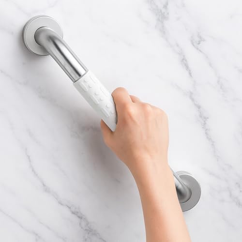 Image of BATH GURU Heavy Duty High Grade Rustproof Stainless Steel Safety Bathroom Grab Bar handle for Senior Citizen, Anti-Slip Grip, Wall Mounted Support Rail for Toilet Shower, Bathtub (White Grip, 20 Inch)