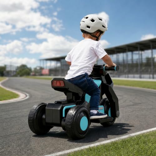Image of StarAndDaisy Electric Ride-On Bike for Kids, Toddlers & Baby - 3 Wheel Rechargeable 6V Motorcycle with LED Lights, Bluetooth, USB, Foot Acceleration and Comfortable Seat (Blue)