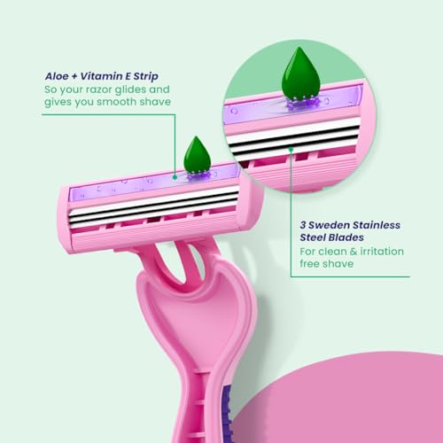 Image of Hyuman Smooth Shave Women Body Razor, Reusable Hair Removal Razor with 3 Stainless Steel Blades, Aloe Vera & Vitamin E Strip, Underarm Shaver for Legs, Arms & Bikini, Pack of 3
