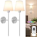 NIORSUN Battery Operated Wall Sconce Set of 2,Brushed Nickel Rechargeable Wall Lights with 5200mAh Dimmable Detachable Bulbs and Remote, 10 Colors Wireless Sconces for Bedroom Living Room Hallway