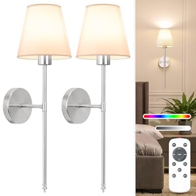 NIORSUN Battery Operated Wall Sconce Set of 2,Brushed Nickel Rechargeable Wall Lights with 5200mAh Dimmable Detachable Bulbs and Remote, 10 Colors Wireless Sconces for Bedroom Living Room Hallway