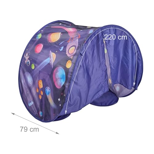 Relaxdays Bettzelt Kinder, BxT: 220x79 cm, Weltall-Design, Betttunnel für Kinderbett, Pop-up-Funktion, Betthöhle, bunt