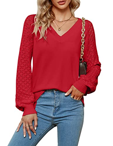 Image of BMJL Womens V Neck Sweaters Dressy Casual Winter Long Sleeve Tops Knit Puff Sleeve Pullover