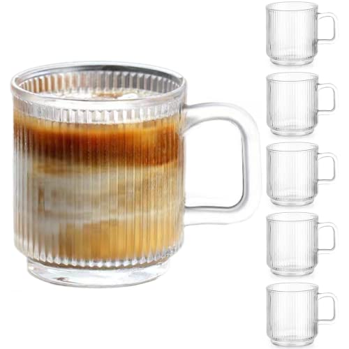 Comparison: Best Material For Coffee Mugs 10 Qipecedm 6 PACK Premium Glass Coffee Mugs with Handle, 12 OZ Classic Vertical Stripes Glass Coffee Cups, Transparent Tea Cup for Hot/Cold Beverages, Glassware Set for Americano, Latte, Cappuccino