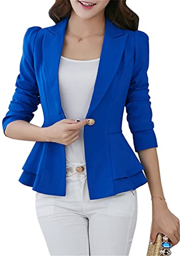 YMING Chaqueta Corta para Mujer Oficina Blazers De Manga Larga Frente Abierto Chaqueta De Traje De Color Sólido Azul L