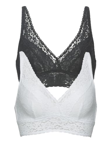 Felina Signature Stretch Lace Bralette 2-Pack (Black White, Medium) | Longline Wireless Bralette with Plunge Neckline, Soft Lace & Adjustable Straps