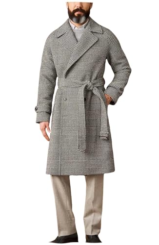 VENNYNG Men's Plaid Suit Jackets Long Double Breasted Checked Overcoat with Belt Trench Coat Long
