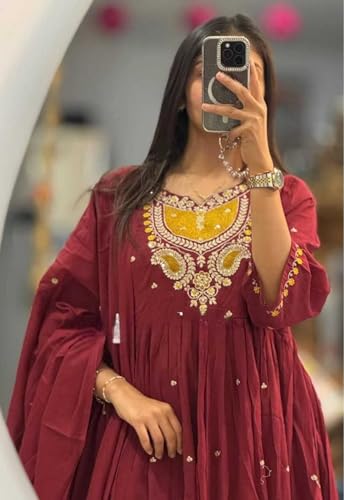 Image of The Innerlight Company Women's Cotton Embroidered Anarkali Salwar Suit Set with Dupatta Set (Maroon-XXL)