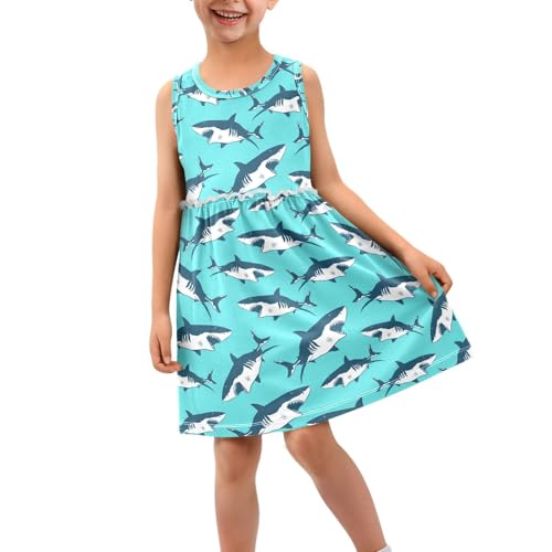 Shark Girl Sleeveless Tank Dress Blue Crewneck Twirl Swing Dress for Kids 3T