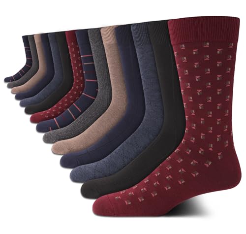 Van Heusen Mens Dress Socks - 14 Pack Soft Stretch Moisture Wicking Crew Socks for Men for Casual Business Formal Wear Size 6-12.5 Burgundy Assorted