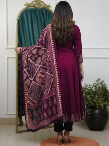 Image of GoSriKi Women's Rayon Viscose Anarkali Printed Kurta Pant with Dupatta | Anarkali Kurta Set for Women | Flared Kurti Pant Set | Ethnic Printed Suit for Women