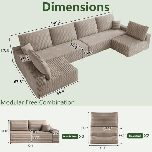 Image of Oversized Modular Sectional Sofa Couch, Large 6 Seater Corner Sofa Modern U Shaped Sectional Couch Cloud Couches for Living Room, Office, Spacious Space, Corduroy, No Assembly Required, Camel