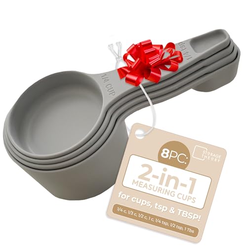 Storage Theory 2-in-1 Measuring Cups & Spoons Set (4-Piece) - Nesting Space-Saving Kitchen Gadget - BPA-Free Food Grade Plastic - Dishwasher Safe for Baking, Cooking, Coffee - Gray